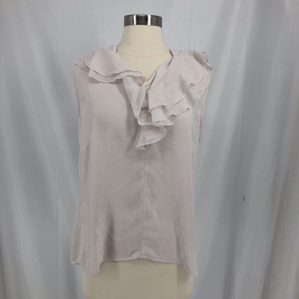 Cabi Women's Ivory Solid V-Neck Ruffle Sleeveless Pullover Blouse Medium